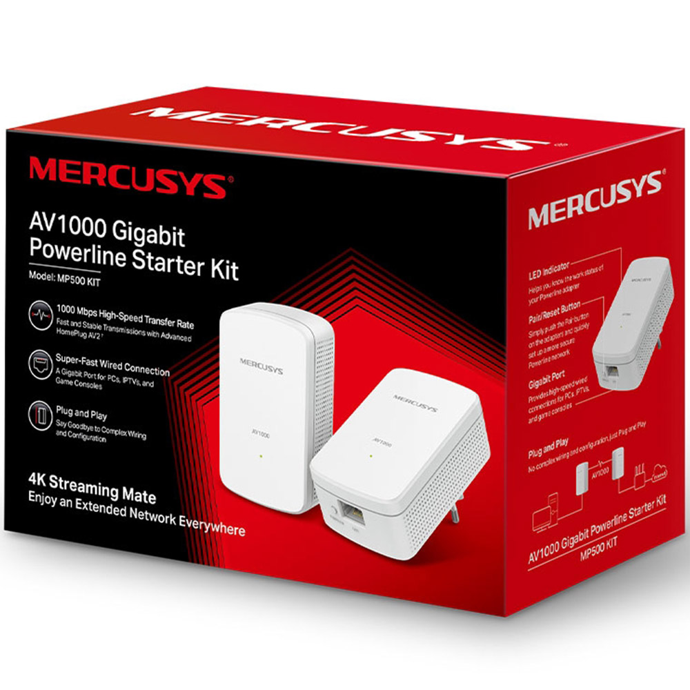Adaptoare Powerline Mercusys MP500, AV1000 Gigabit, Acoperire 300m, 4K, 1000Mbps, RJ-45, Kit