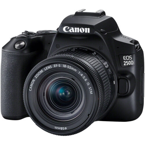 Aparat foto DSLR Canon EOS 250D, 24.1 MP, Wi-Fi, 4K, LCD 3 inch, FHD, Negru + Obiectiv EF-S 18-55mm, f/4-5.6 IS STM, 3454C007AA