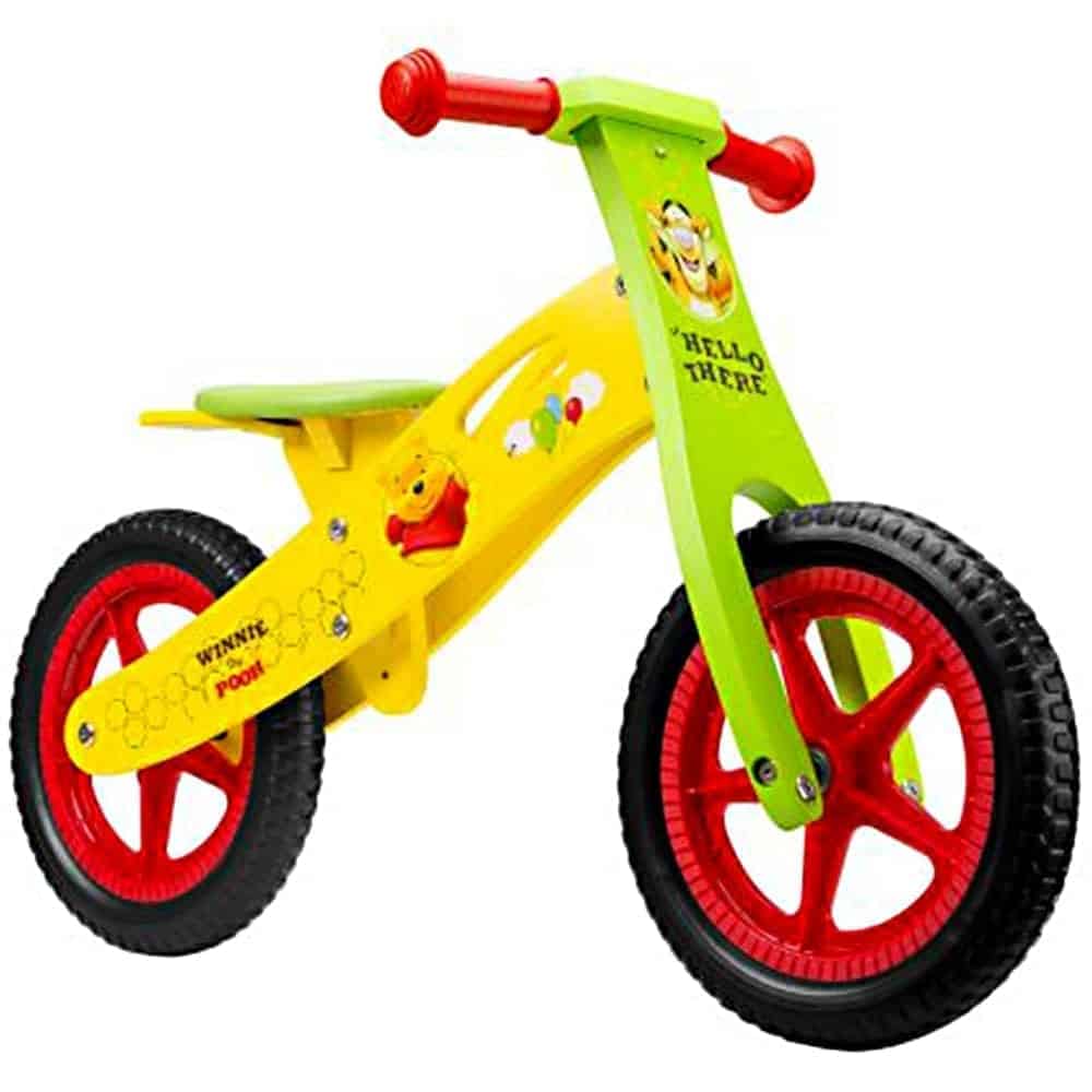 Bicicleta fara pedale pentru copii Pegas, din lemn, model Disney WTP, culoare galben/verde, DIS-9910-WBWP04