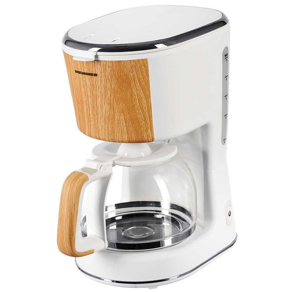 Cafetiera Heinner HCM-WH900BB, 1.25 L, 900 W, Filtru detasabil, Anti-picurare, Oprire automata, Alb cu aspect de bambus