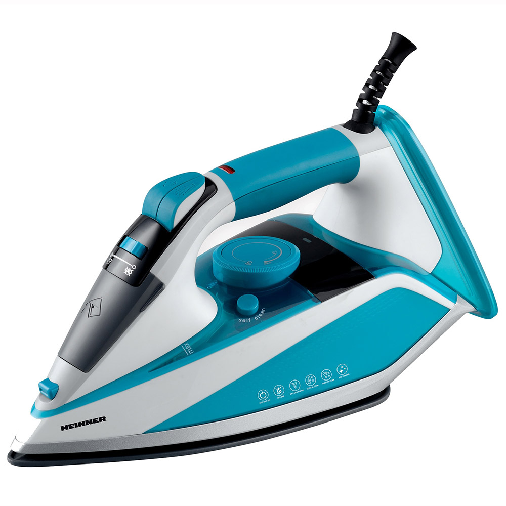 Fier de calcat Heinner EmeraldSteam HSI-2400LGR, 2400 W, 350 ml, Talpa ceramica, Oprire automata, Anti-picurare, Turcoaz / Alb