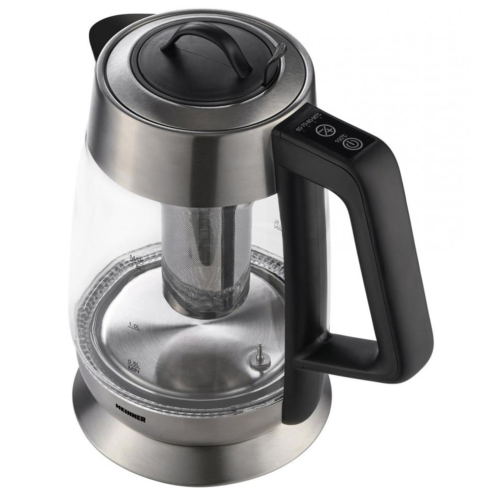 Fierbator Heinner HEK-TF18GX, 1.8 L, Filtru de ceai, 5 niveluri temperatura, Control Touch, Oprire automata, Inox Sticla