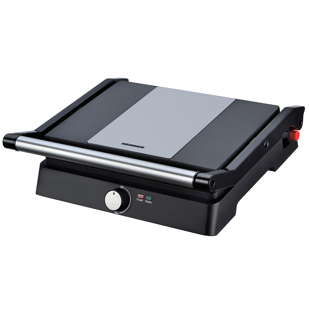 Grill electric Heinner HEPG-F2000BKSS, Placi fixe antiadezive, Deschidere 180°, Temperatura reglabila, Tava detasabila pentru colectare ulei