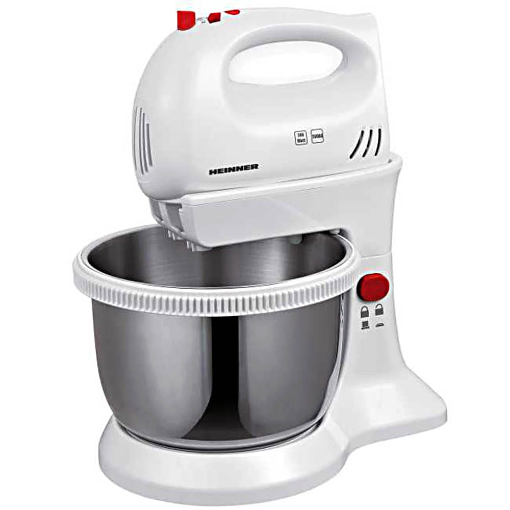 Mixer cu bol Heinner HMBR-300W, Bol Rotativ Inox, 300W, 3.4 L, Alb