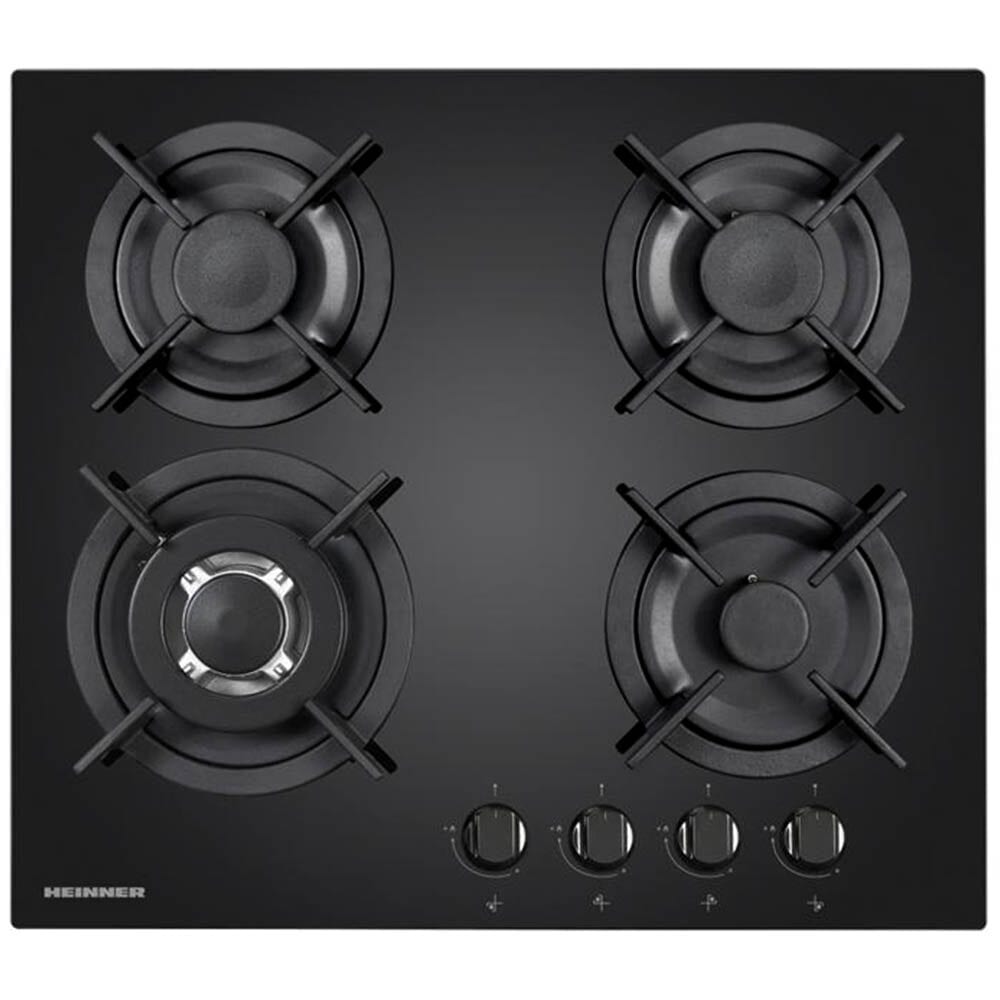 Plita incorporabila Heinner HBH-V4IWFGBK, Gaz, 4 arzatoare, Arzator wok, Aprindere electrica, 58 cm, Sticla neagra