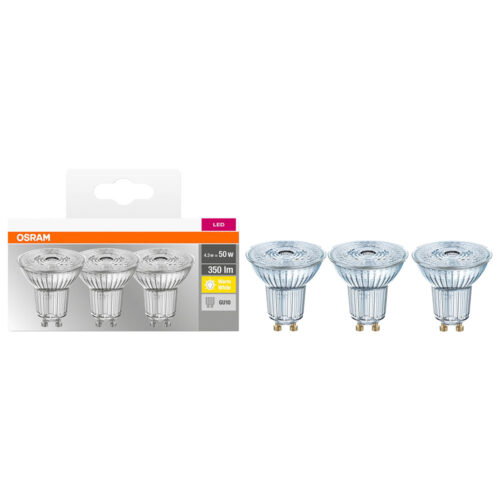 Set 3 becuri LED Osram Base Par16 50, GU10, 4.3W, 350 lm, lumina neutra 4000K, Clasa energetica F