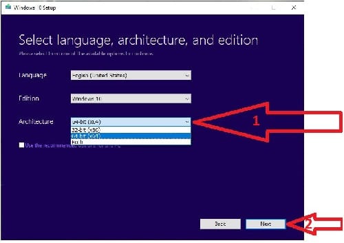 Alegeti limba si arhitectura pentru Windows 10