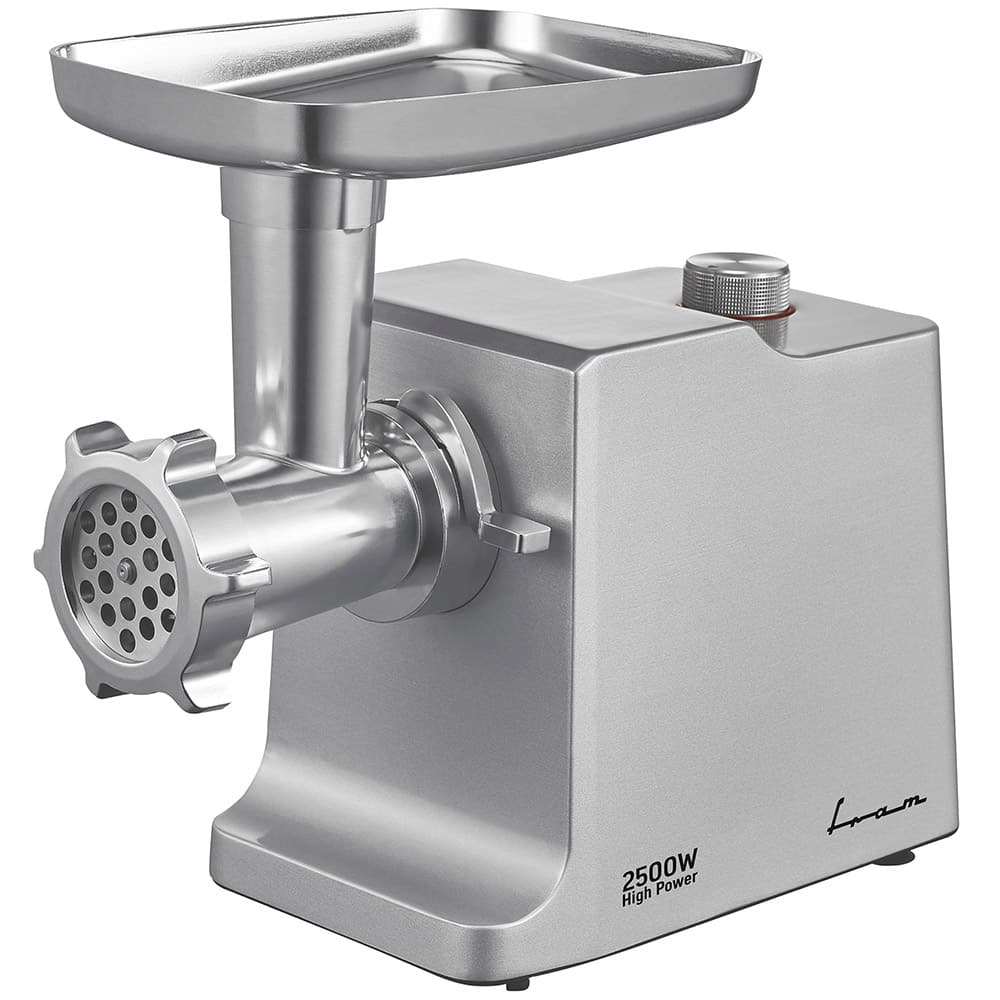 Masina de tocat FRAM FMG-2500X, 2500 W, ≥ 2 kg/min, accesorii pentru rosii si carnati, 2 site de taiere, 2 viteze, Aluminiu