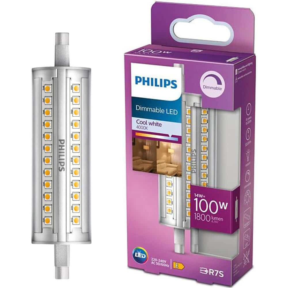 Bec LED spot Philips, putere reglabila, R7S, 14W (100W), 1800 lm, lumina alba rece (4000K), 118mm