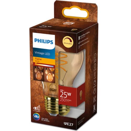 Bec LED vintage Philips Classic A60, intensitate luminosa reglabila, E27, 4W (25W), 250 lm, lumina calda tip flacara (1800K), Auriu