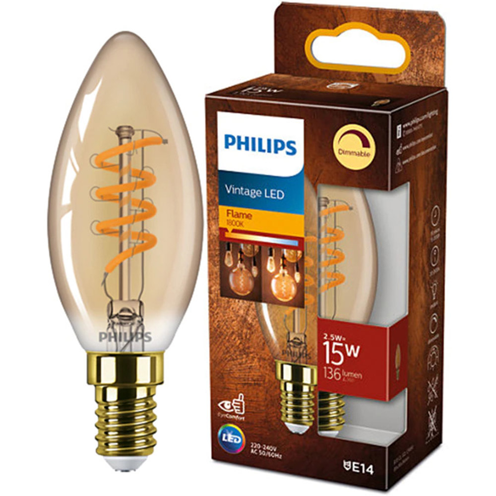 Bec LED Vintage Philips Classic B35, Intensitate Luminosa Reglabila, E14, 2.5W (15W), 136 Lm, Lumina Calda Tip Flacara (1800K), Auriu