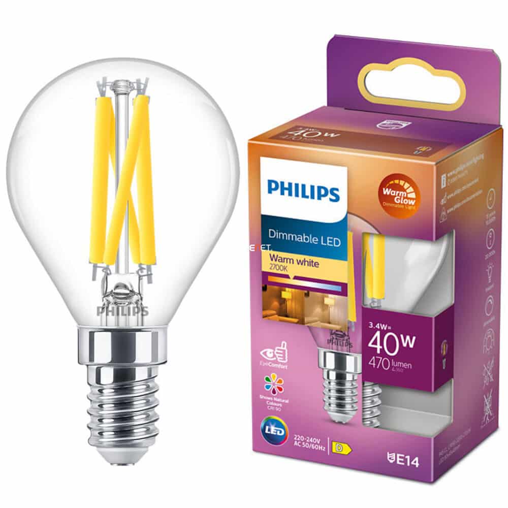 Bec LED vintage Philips Classic P45, E14, 3.4W (40W), 470 lm, lumina calda (2200-2700K)