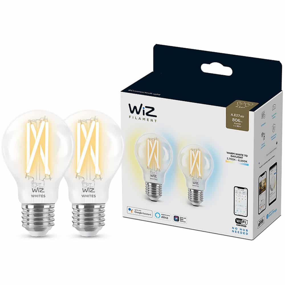 Pachet 2 becuri LED inteligente vintage WiZ Connected Filament, A60, Wi-Fi, Bluetooth, E27, 7W (60W), 806 lm, lumina reglabila (2700-6500K)