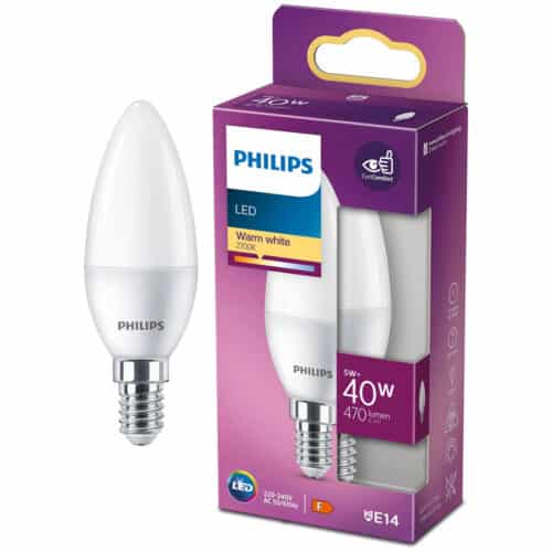 Bec LED Philips B35, tip lumanare/lustra, EyeComfort, E14, 5W (40W), 470 lm, lumina alba calda (2700K)