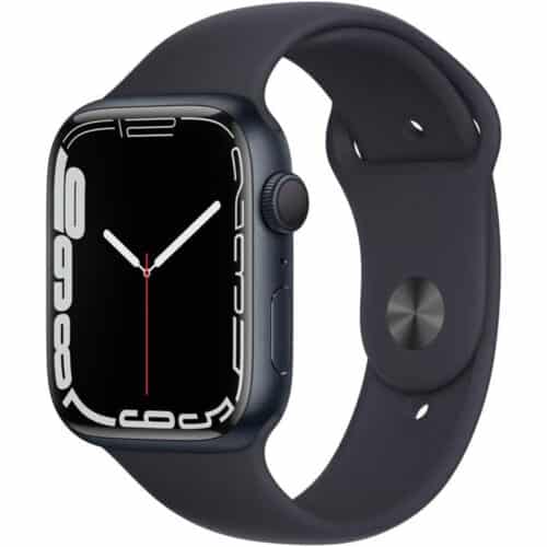 Ceas smartwatch Apple Watch S7 GPS, Bluetooth, Wi-Fi, Bratara Silicon 45mm, Carcasa Aluminiu, Rezistent la apa, Negru