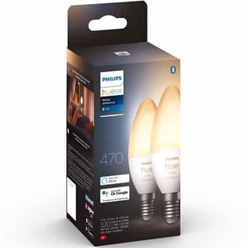 Pachet 2 becuri LED inteligente Philips Hue B39, Bluetooth, Zigbee, E14, 4W (25W), 470 lm, lumina alba (2200-6500K)