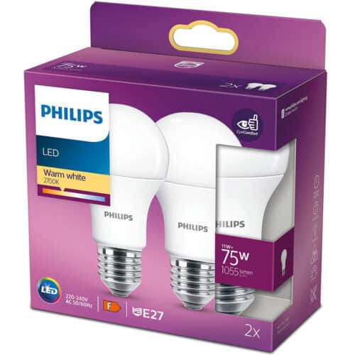 Pachet 2 becuri LED Philips A60, EyeComfort, E27, 11W (75W), 1055 lm, lumina alba calda (2700K)