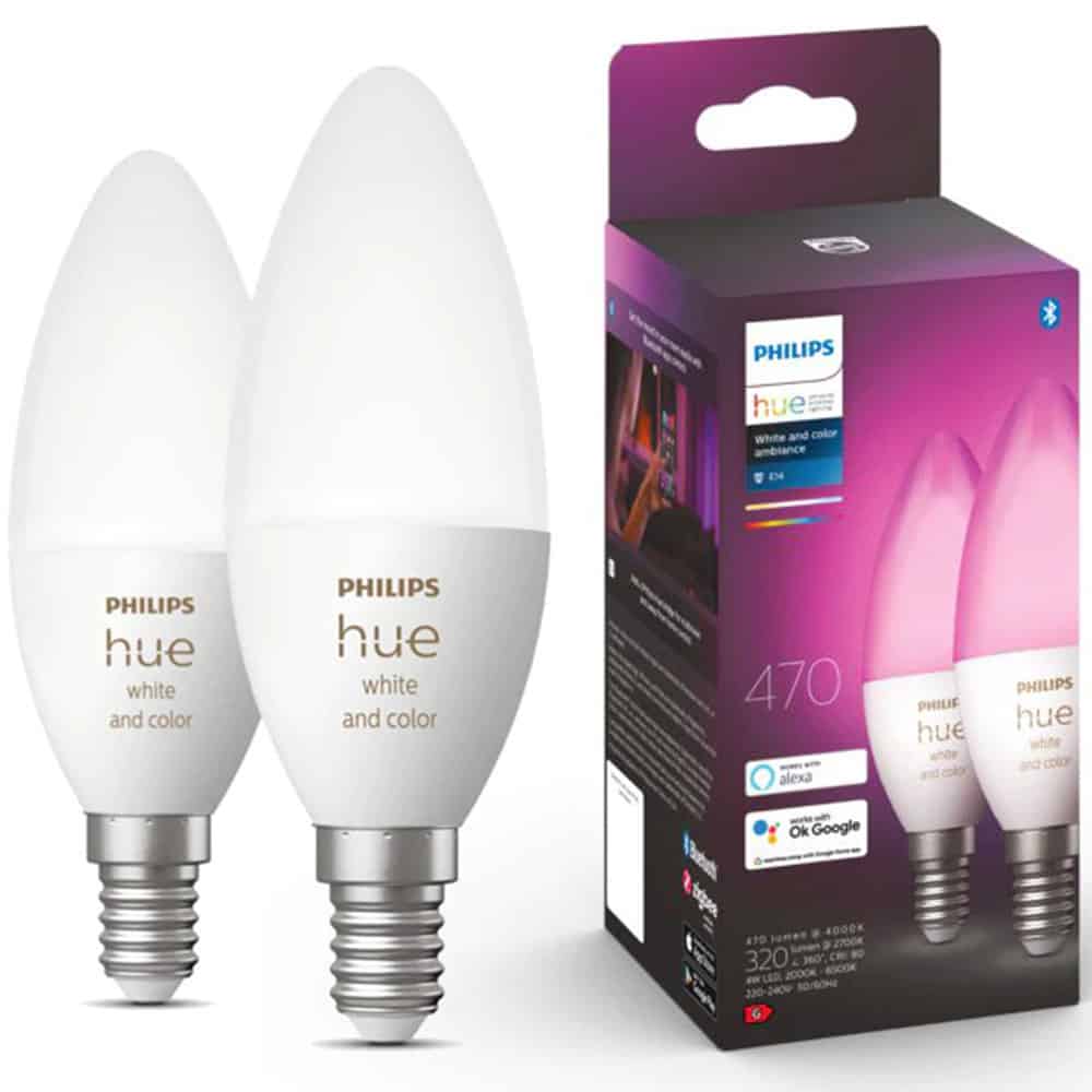 Pachet 2 becuri LED RGB inteligente Philips Hue B39, Bluetooth, Zigbee, E14, 4W (25W), 470 lm, lumina alba si color