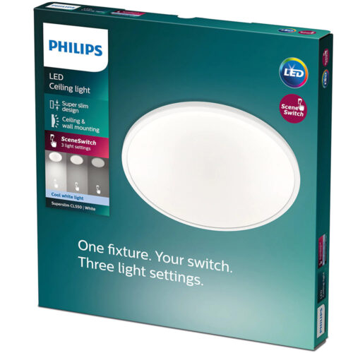 Plafoniera LED Philips Superslim CL550, intensitate reglabila, 15W, 1500 lm, lumina neutra (4000K), 25cm, Alb