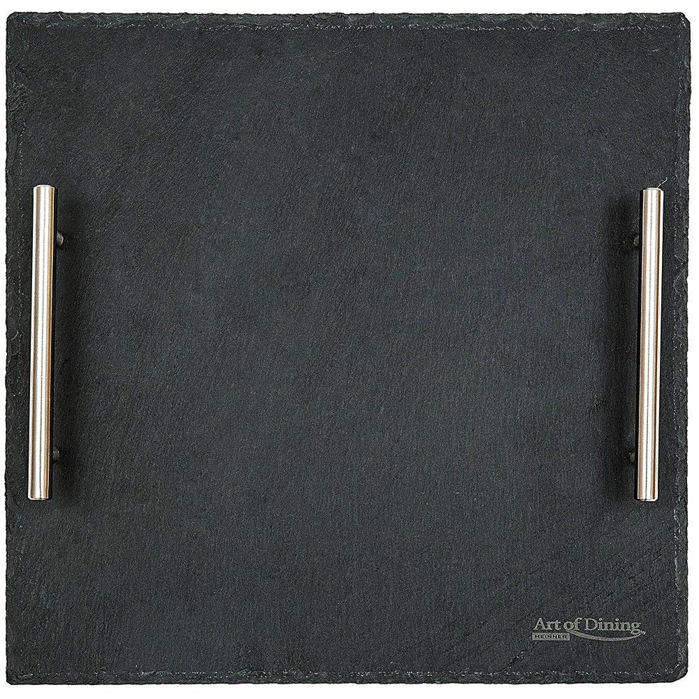 Platou ardezie patrat Cooking by Heinner, cu doua manere din inox, 30 x 30cm