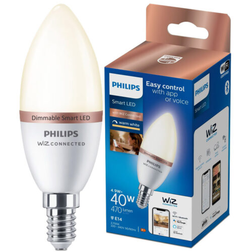 Bec LED inteligent Philips, lumanare, Wi-Fi, Bluetooth, C37, E14, 4.9W (40W), 470 lm, lumina alba calda (2700K)