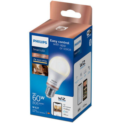 Bec LED inteligent Philips, Wi-Fi, Bluetooth, A60, E27, 8W (60W), 806 lm, lumina alba calda (2700K)