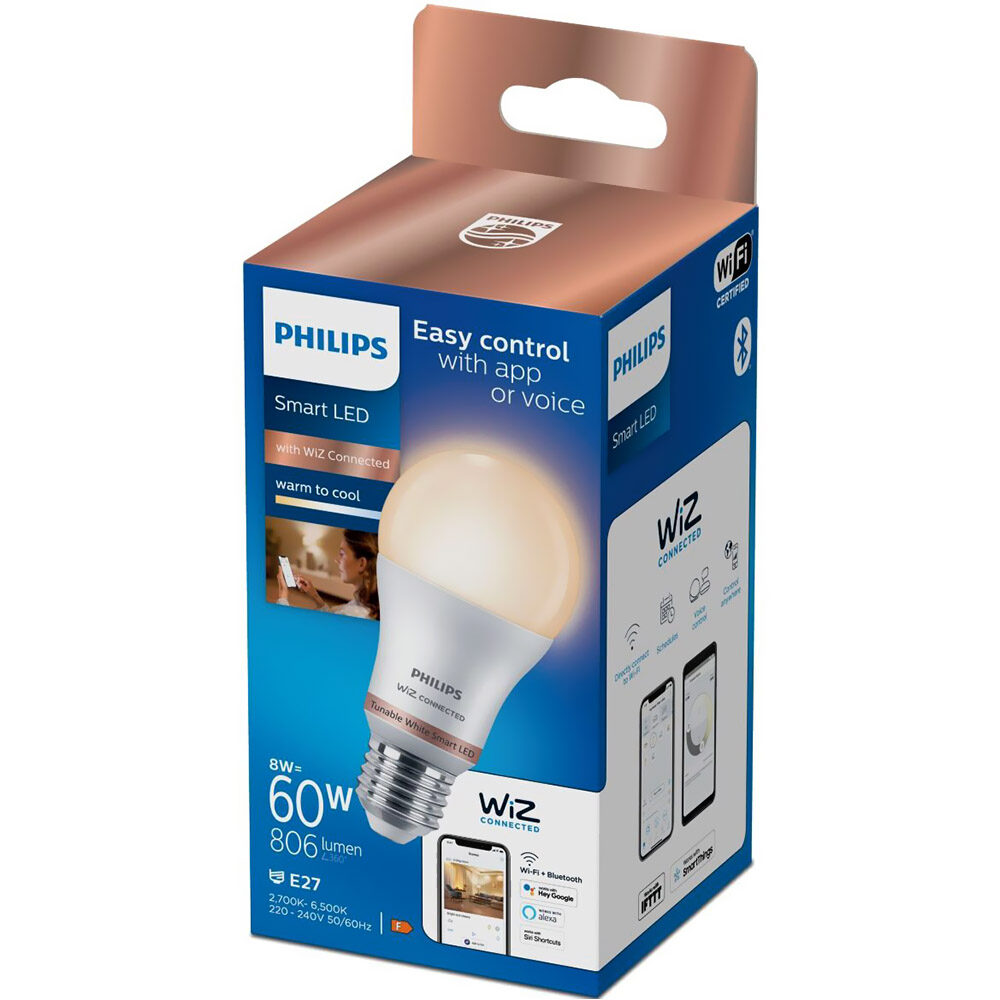 Bec LED inteligent Philips, Wi-Fi, Bluetooth, A60, E27, 8W (60W), 806 lm, temperatura lumina reglabila (2700-6500K)