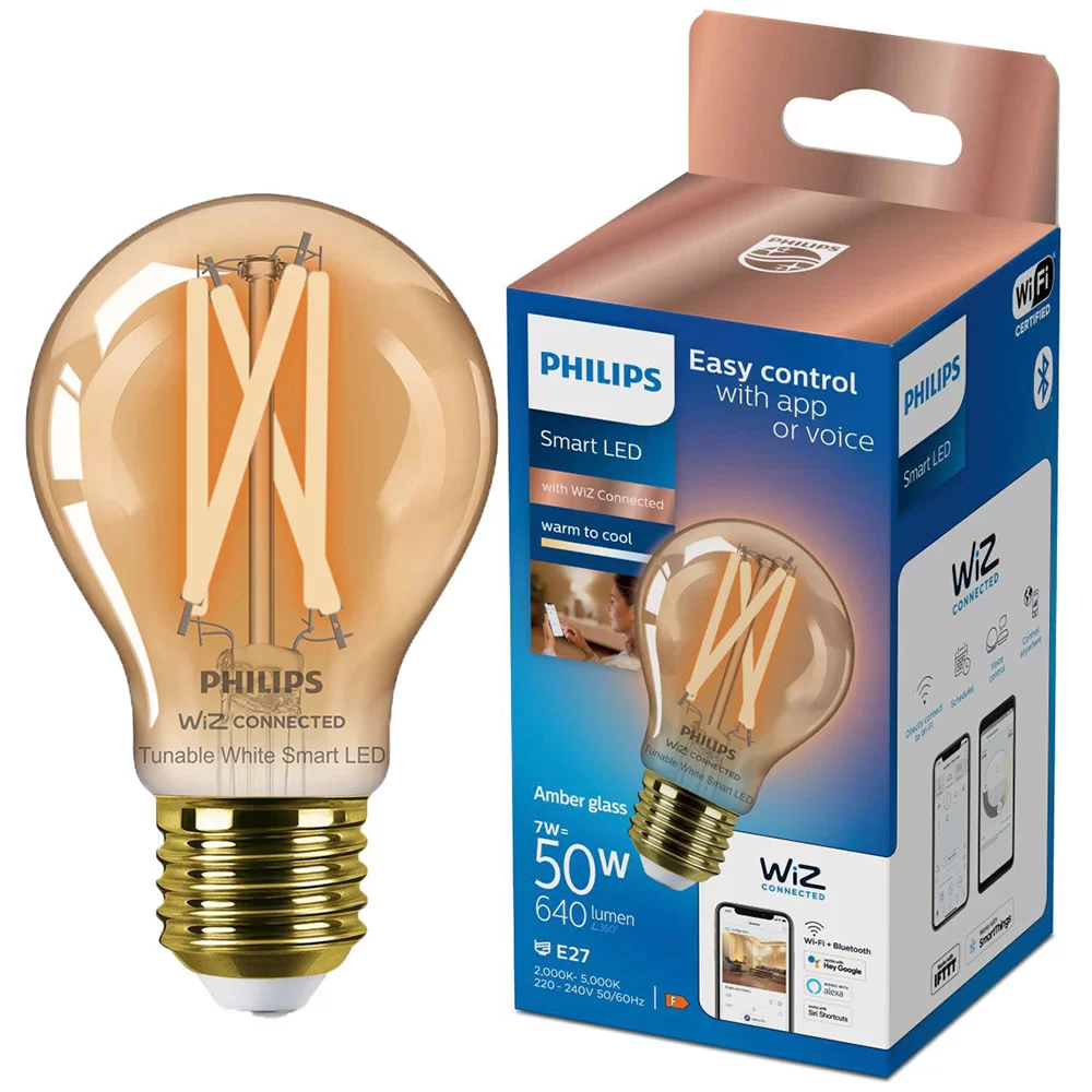 Bec LED inteligent vintage Philips filament chihlimbariu, Wi-Fi, Bluetooth, A60, E27, 7W (50W), 640 lm, temperatura lumina reglabila