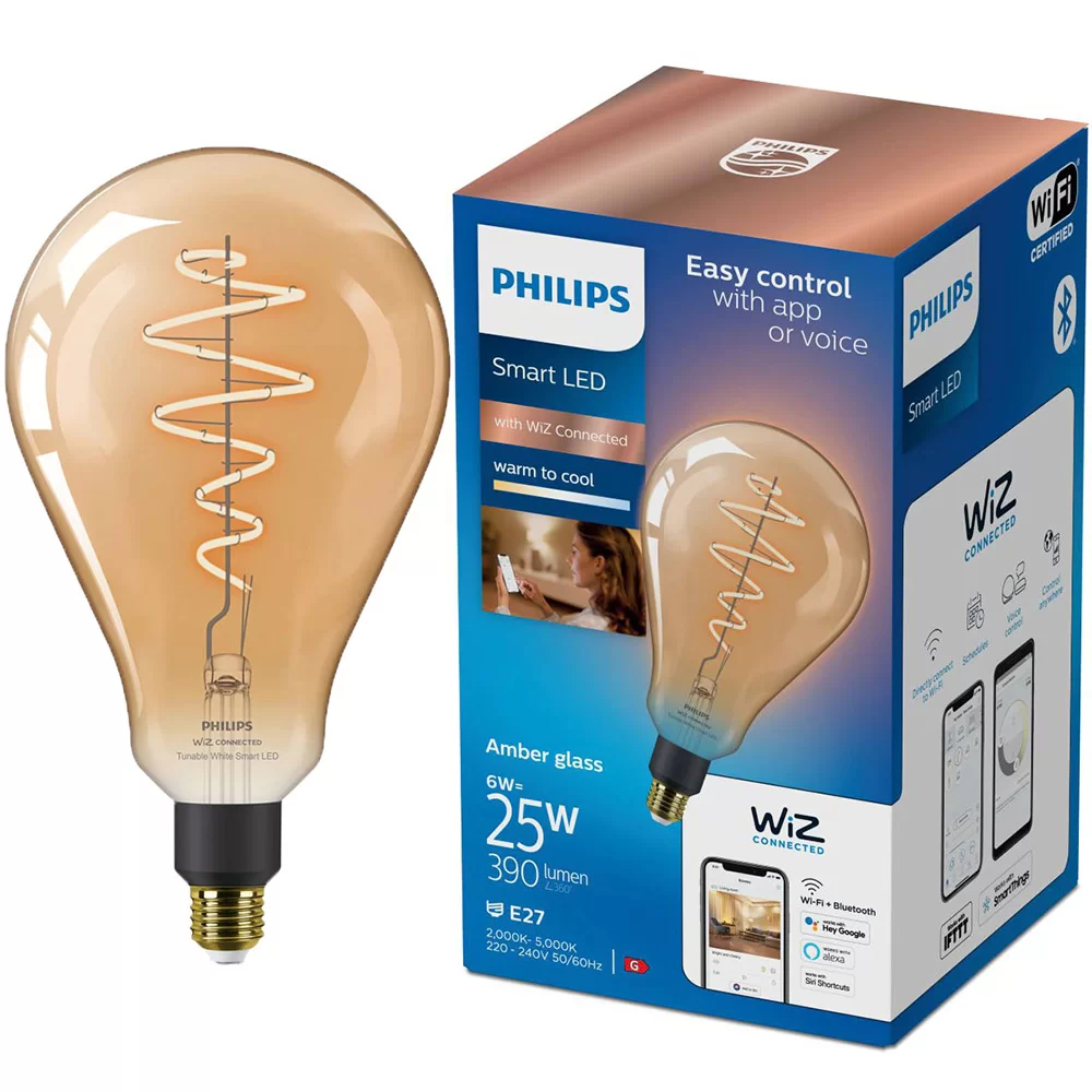 Bec LED inteligent vintage Philips filament chihlimbariu, Wi-Fi, Bluetooth, PS160, E27, 6W (25W), 390 lm, temperatura lumina reglabila