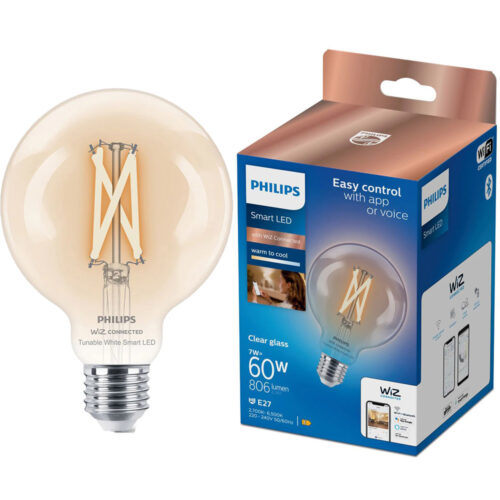 Bec LED inteligent vintage Philips filament transparent, Wi-Fi, Bluetooth, G95, E27, 7W (60W), 806 lm, temperatura lumina reglabila