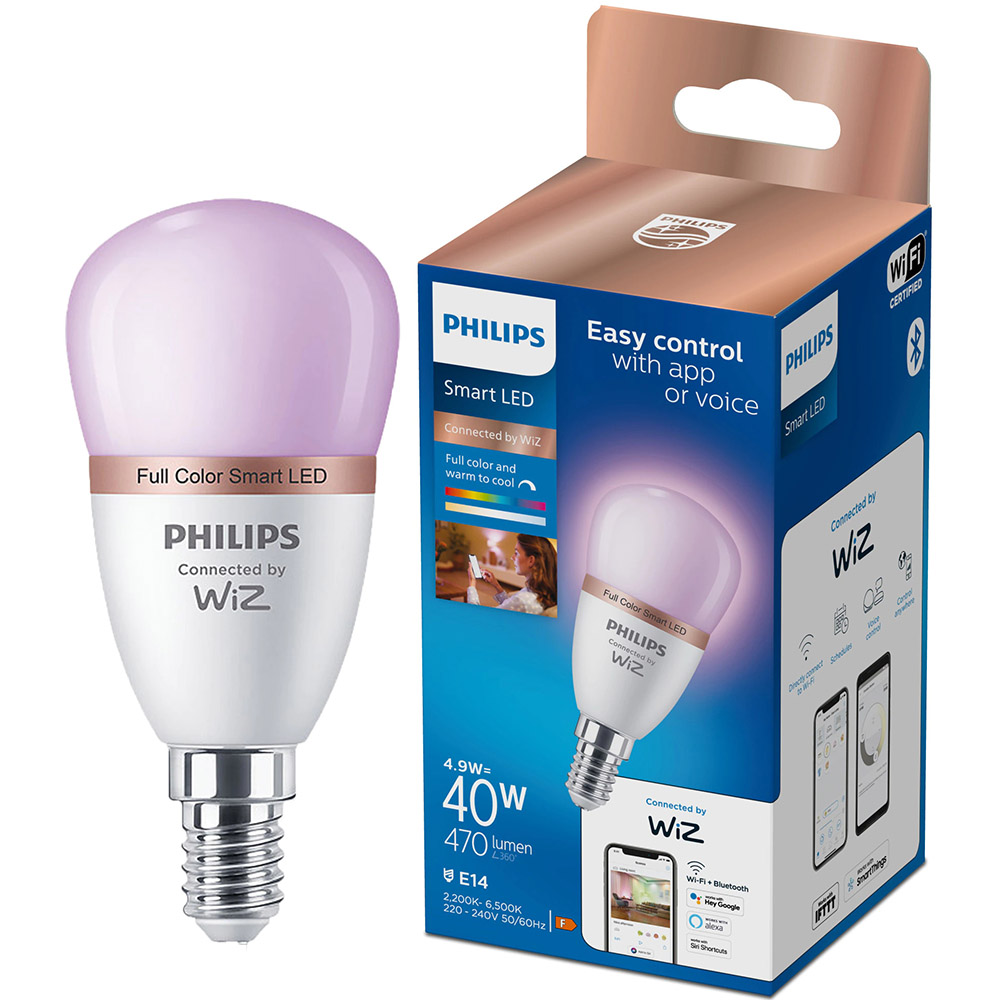 Bec LED RGB inteligent Philips Bulb, Wi-Fi, Bluetooth, P45, E14, 4.9W (40W), 470 lm, lumina colorata