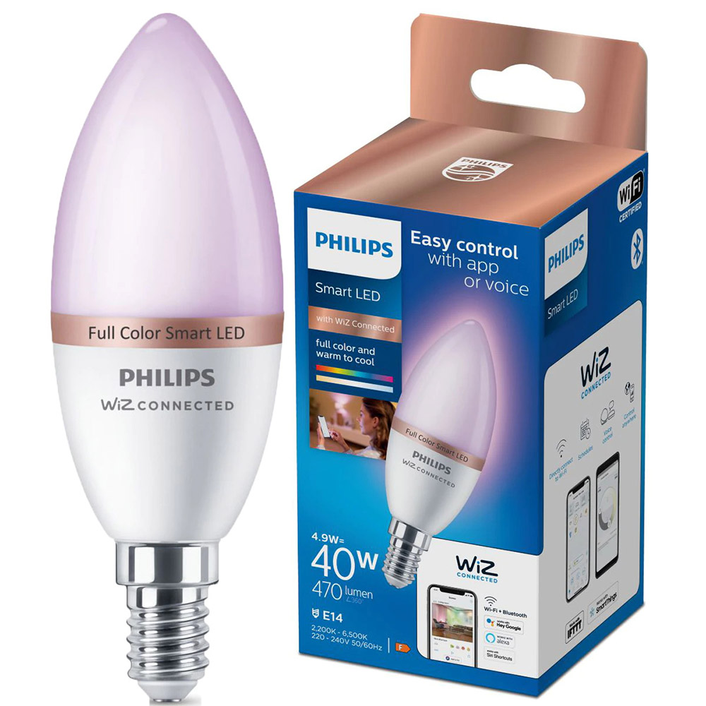 Bec LED RGB inteligent Philips, lumanare, Wi-Fi, Bluetooth, C37, E14, 4.9W (40W), 470 lm, lumina colorata