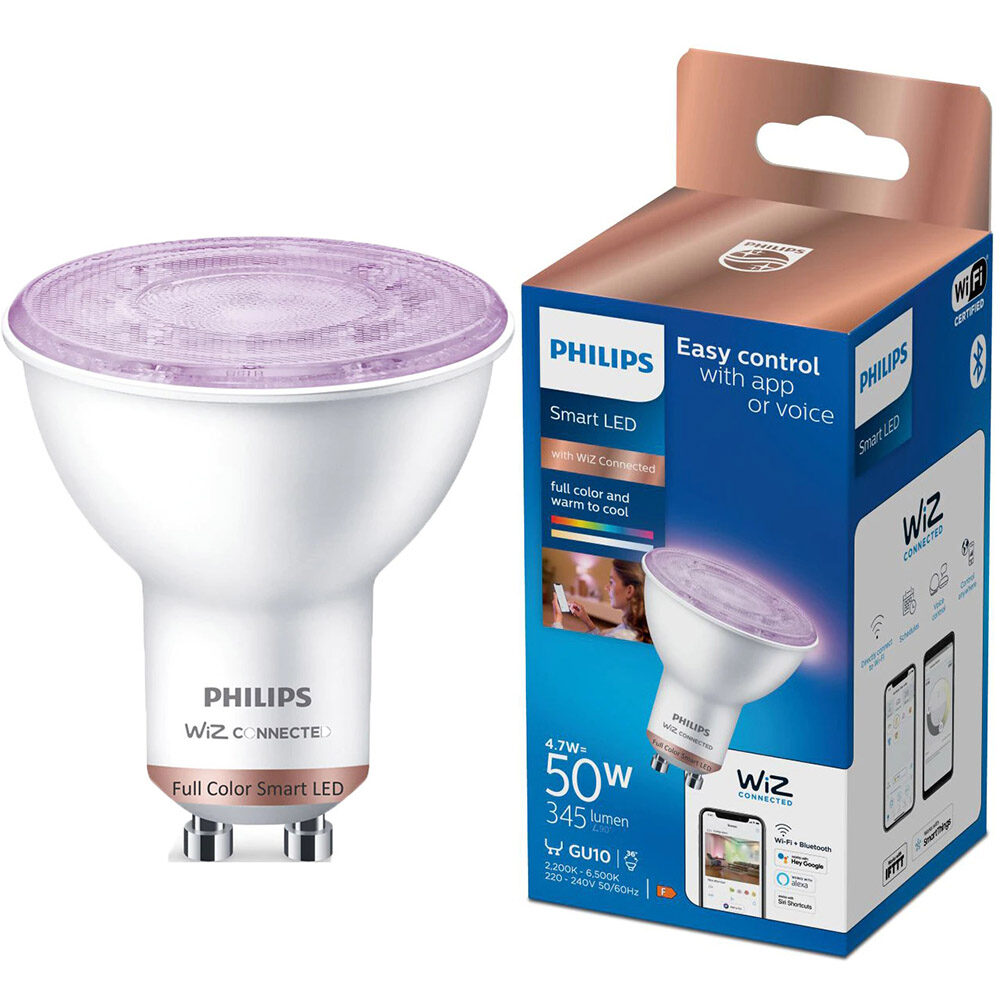 Bec LED RGB inteligent Philips spot, Wi-Fi, Bluetooth, PAR16, GU10, 4.7W (50W), 345 lm, lumina colorata