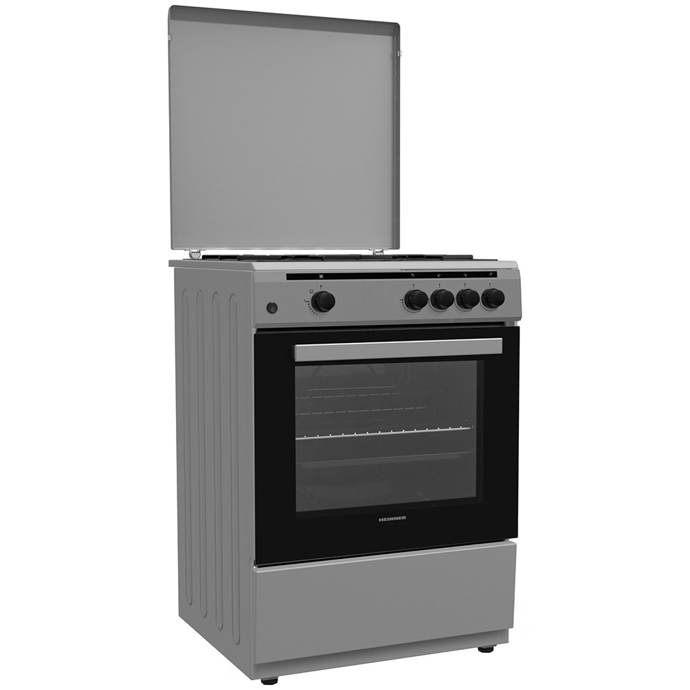 Aragaz Gaz Heinner HFSC-V60SL, 4 arzatoare, Gaz, Aprindere electrica, Dispozitiv de siguranta plita si cuptor, Duze GPL incluse, 60 cm, Argintiu