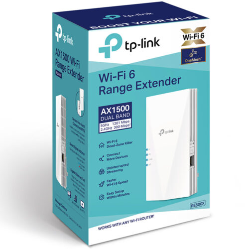 Amplificator semnal Wi-Fi TP-link AX1500 Wi-Fi Range Extender RE500X, Wi-Fi 6, 1 Port Ethernet Gigabit, 2 Antene interne, 5GHz, alb