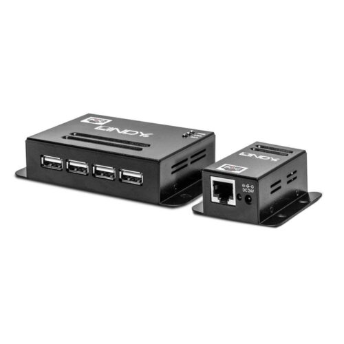 Lindy 50m 4 Port USB 2.0 Cat.5e Extender  Technical details  Specifications  USB Standard: USB 2.0 Supported Bandwidth: 480Mbps Maximum Distance: 50m (164.04ft) Transmission Medium: Cat.5/5e/6 or higher network cable Chipset: NS1021 Special Features: Power over Cable   Connectors  Transmitter Input