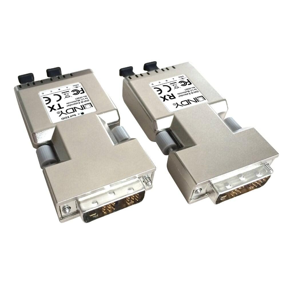 Lindy 500m Fibre Optic DVI-D Single Link Extender  Description  Extends DVI-D signals at distances of up to 500m using dual fibre optic cables (not included) Compatible with DVI-D 2.0 specifications including HDTV and HD-Ready displays Supports HDTV resolutions up to 1920 x 1200 @ 60Hz / 1080p @ 60