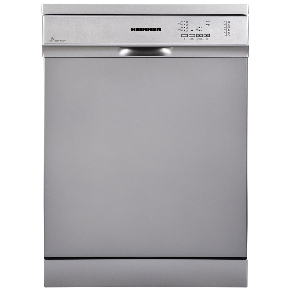 Masina de spalat vase Heinner HDW-FS6062DSE++, 12 seturi, 6 programe, Clasa E, 60 cm, Argintiu