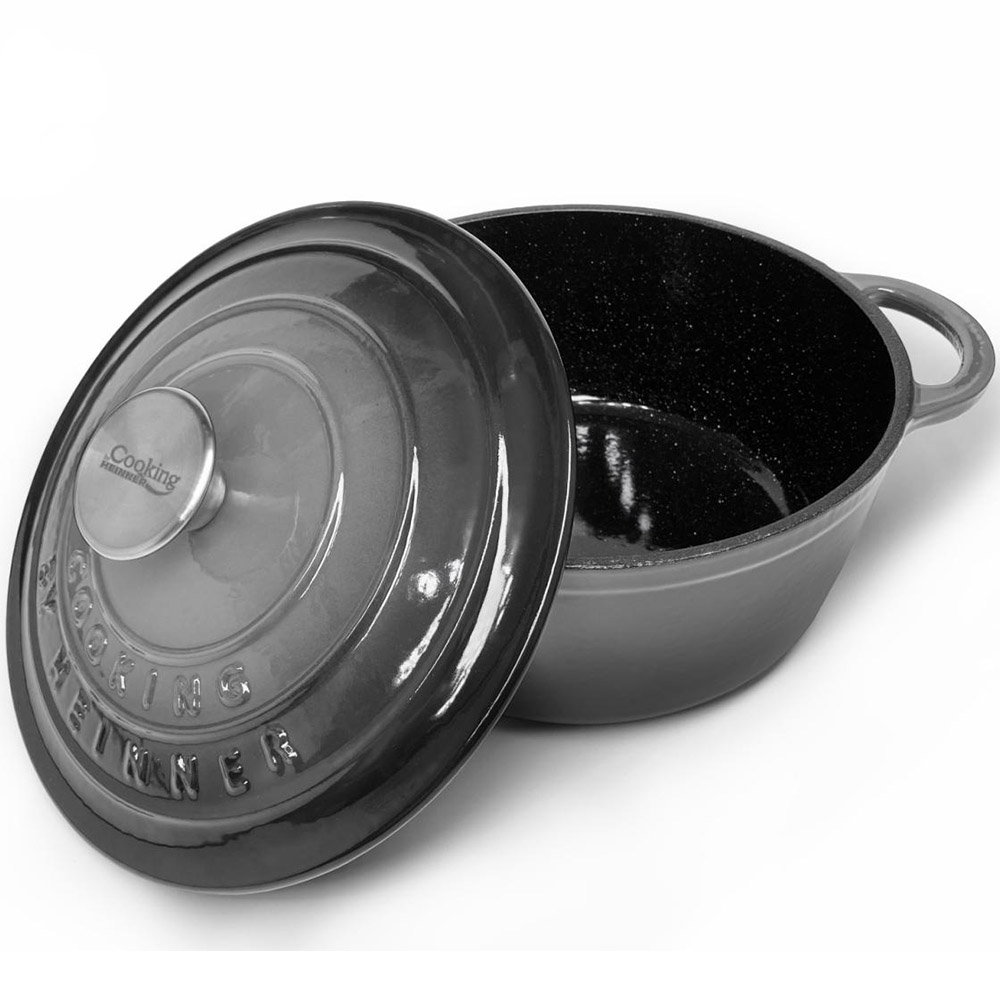 Semioala cu capac din fonta emailata, 24 x 11.5 cm, Marble Grey, Cooking by Heinner, HR-ZVC-S24