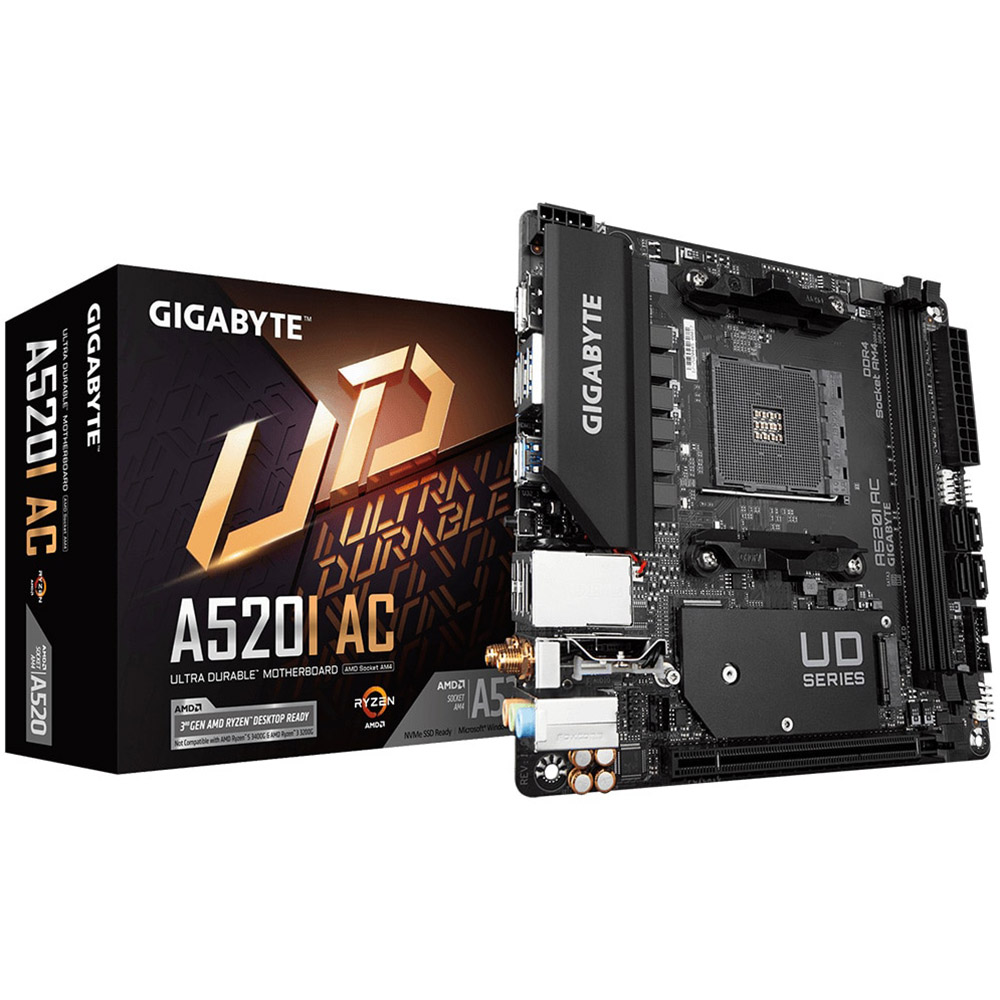Placa de baza Gigabyte A520I AC AM4 DDR4, 2 sloturi RAM, 64GB, DisplayPort, HDMI, PCIe, WIFI, micro ATX