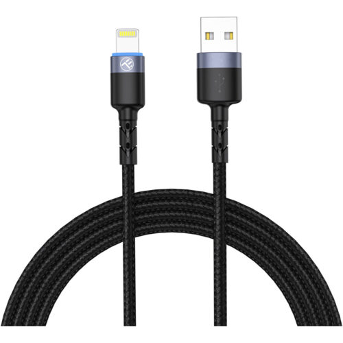 Cablu USB to Lightning cu LED, Nailon, 3A, 1.2m, Negru, TLL155373