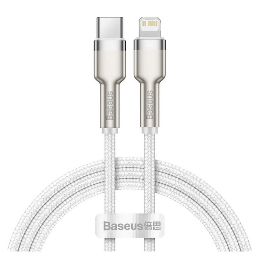 Cablu Date Baseus Usb-C la Lightning, PD20W, Textil, Cap Metalic, Lungime 1M, Alb, CATLJK-A02