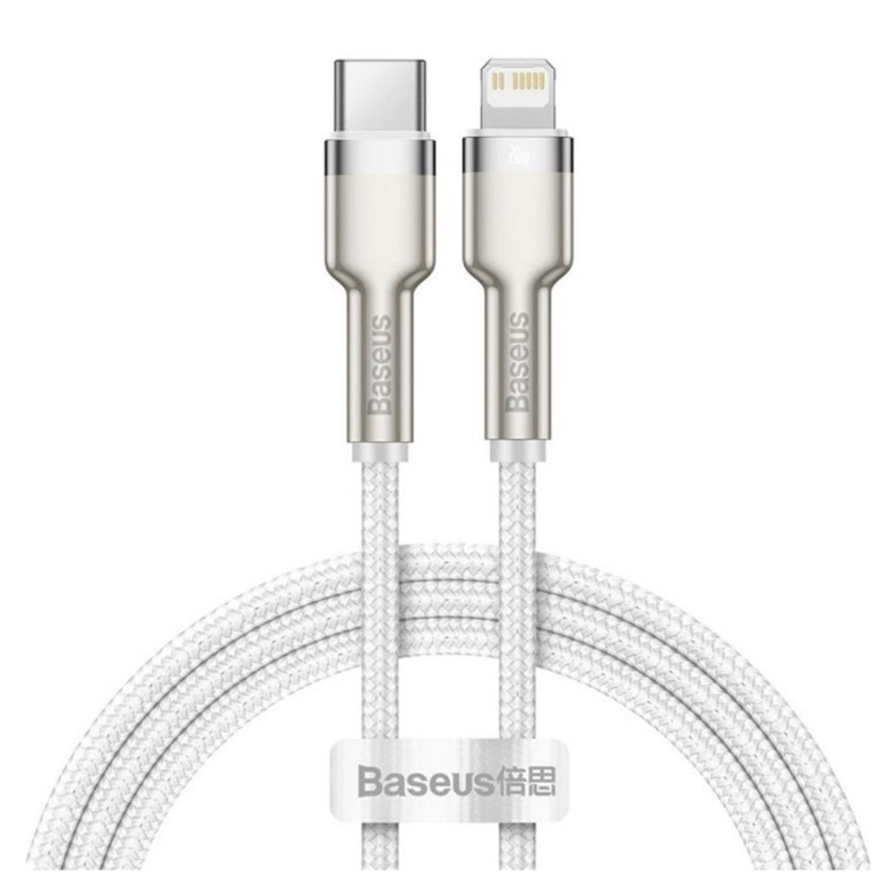 Cablu Date Baseus Usb-C la Lightning, PD20W, Textil, Cap Metalic, Lungime 1M, Alb, CATLJK-A02