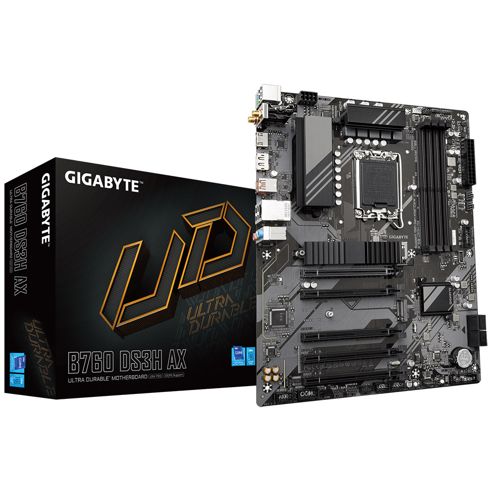 Placa de baza Gigabyte B760 DS3H AX, Socket 1700, DDR5, 7600MHz, HDMI, DisplayPort, PCIe, M.2, SATA 6Gbps, WiFi, ATX