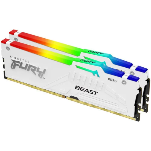 Set 2 Memorii RAM Kingston FURY Beast, DDR5, 32GB, 5200MHz, DIMM, CL36, 1.35V, White, RGB, KF552C36BWEAK2-32