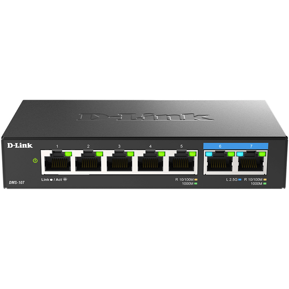 Switch D-Link DMS-107, 5 porturi Gigabit, 2 porturi 2.5Gbps, 20 Gbps, fara ventilator, Auto MDI/MDIX