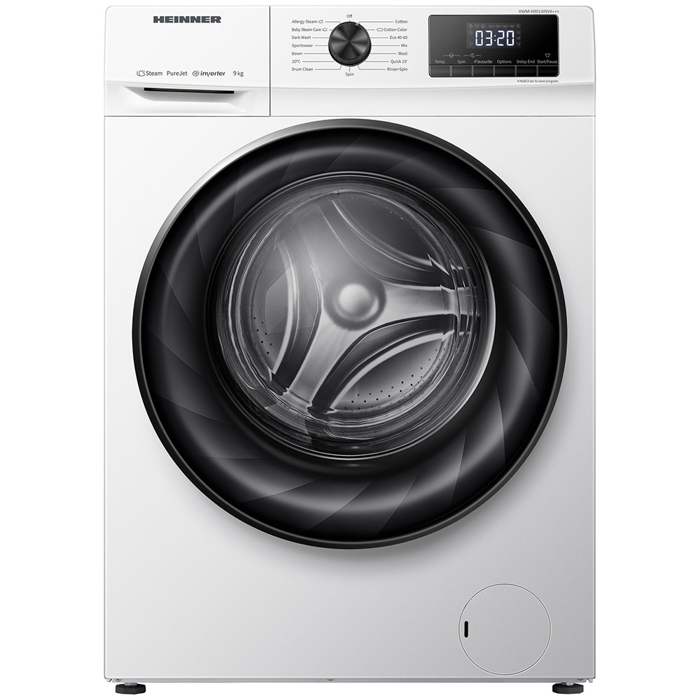 Masina de spalat rufe Heinner HWM-H9014INVA+++, 9 kg, 1400 rpm, Clasa A, Motor inverter, Display digital, Blocare acces copii, Alb