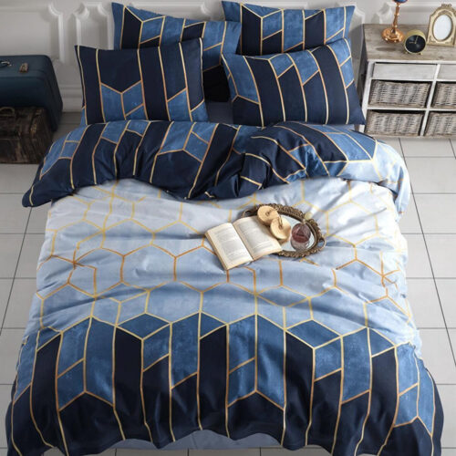 Set lenjerie de pat de o persoana MaisonArt Pietra, set din 3 piese: cearceaf, fata de perna si husa pilota, 100% Bumbac, albastru cu model