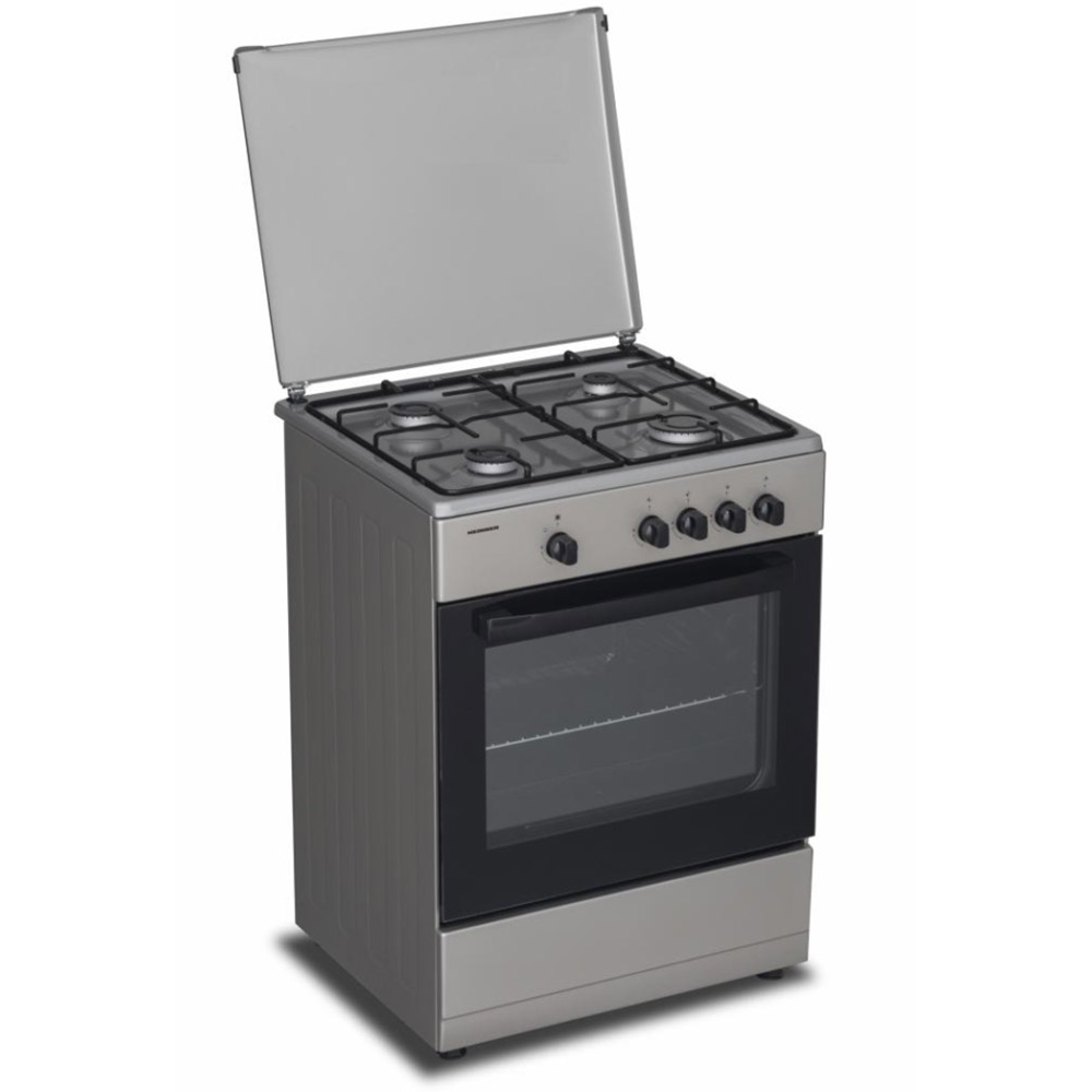 Aragaz Heinner HFSC-SME60SL, Gaz, 60X55 cm, 4 arzatoare, Dispozitiv siguranta, Capac metalic, Argintiu