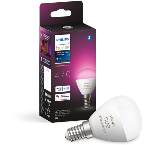 Bec LED RGB inteligent Philips Hue P45, Bluetooth, Zigbee, E14, 5.1W, 470lm, Lumina alba si colorata, Clasa F, 000008719514491229